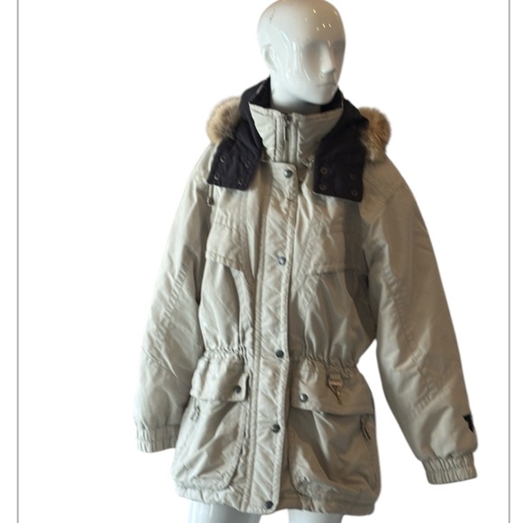 Vintage Jackets & Blazers - Vintage Tyrolia Skiwear Faux Fur Trim Hooded Khaki Parka Size Medium